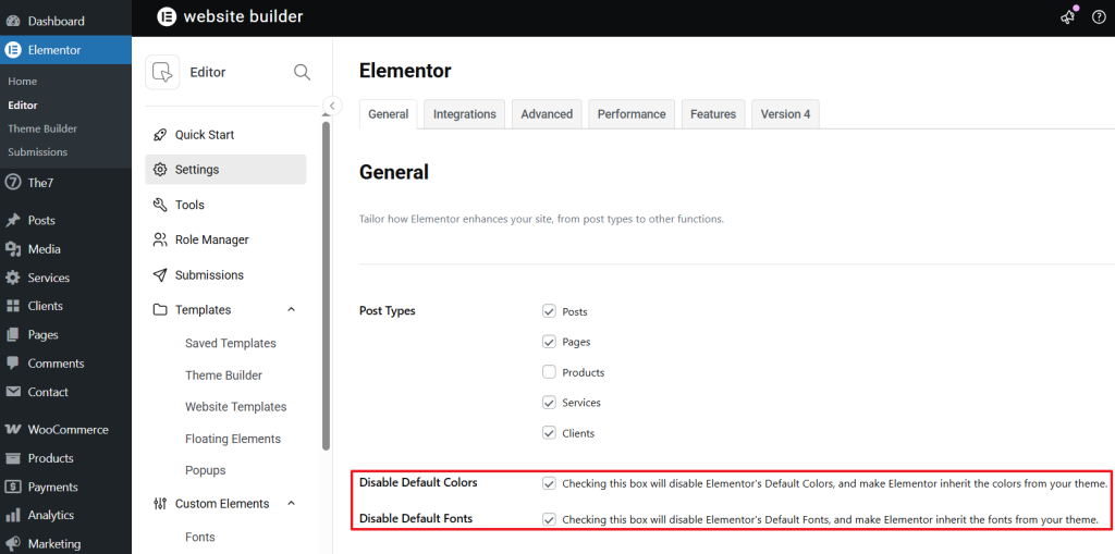 Elementor Page Builder Settings | The7 | Elementor