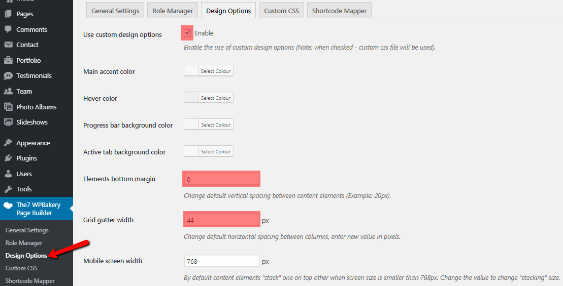 Fig. 1. WPBakery Page Builder Design settings.